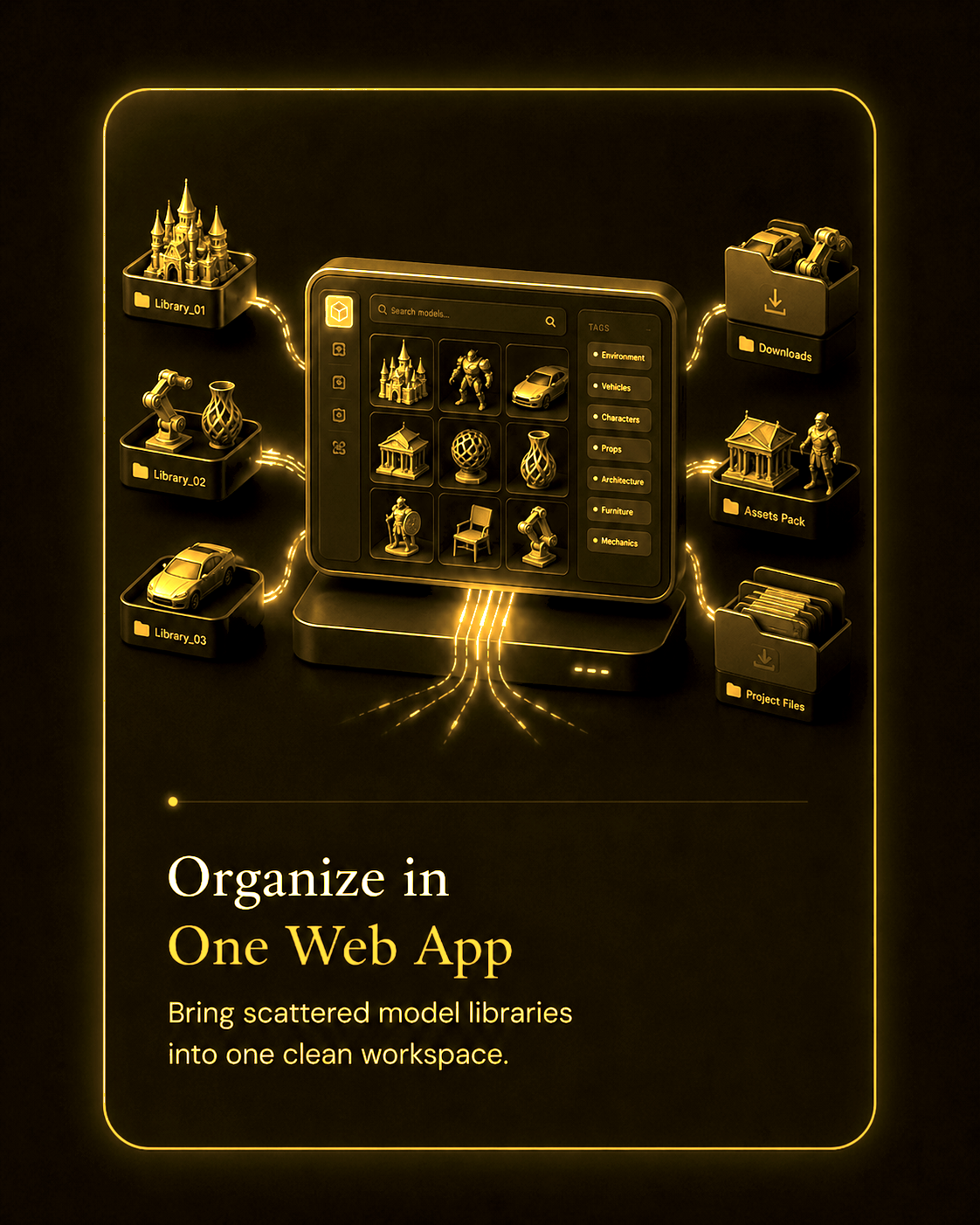 Organize scattered model collections into one clean web app workspace.