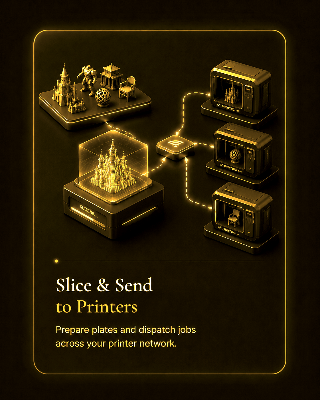 Slice print plates and send jobs to network 3D printers.